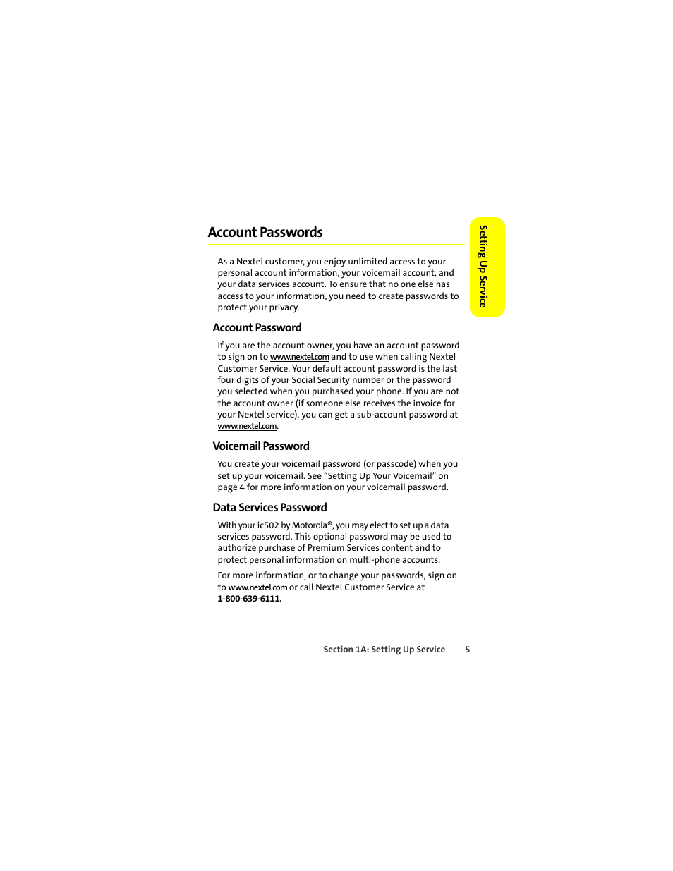 Account passwords, Account password, Voicemail password | Data services password | Sprint Nextel ic502 User Manual | Page 19 / 226