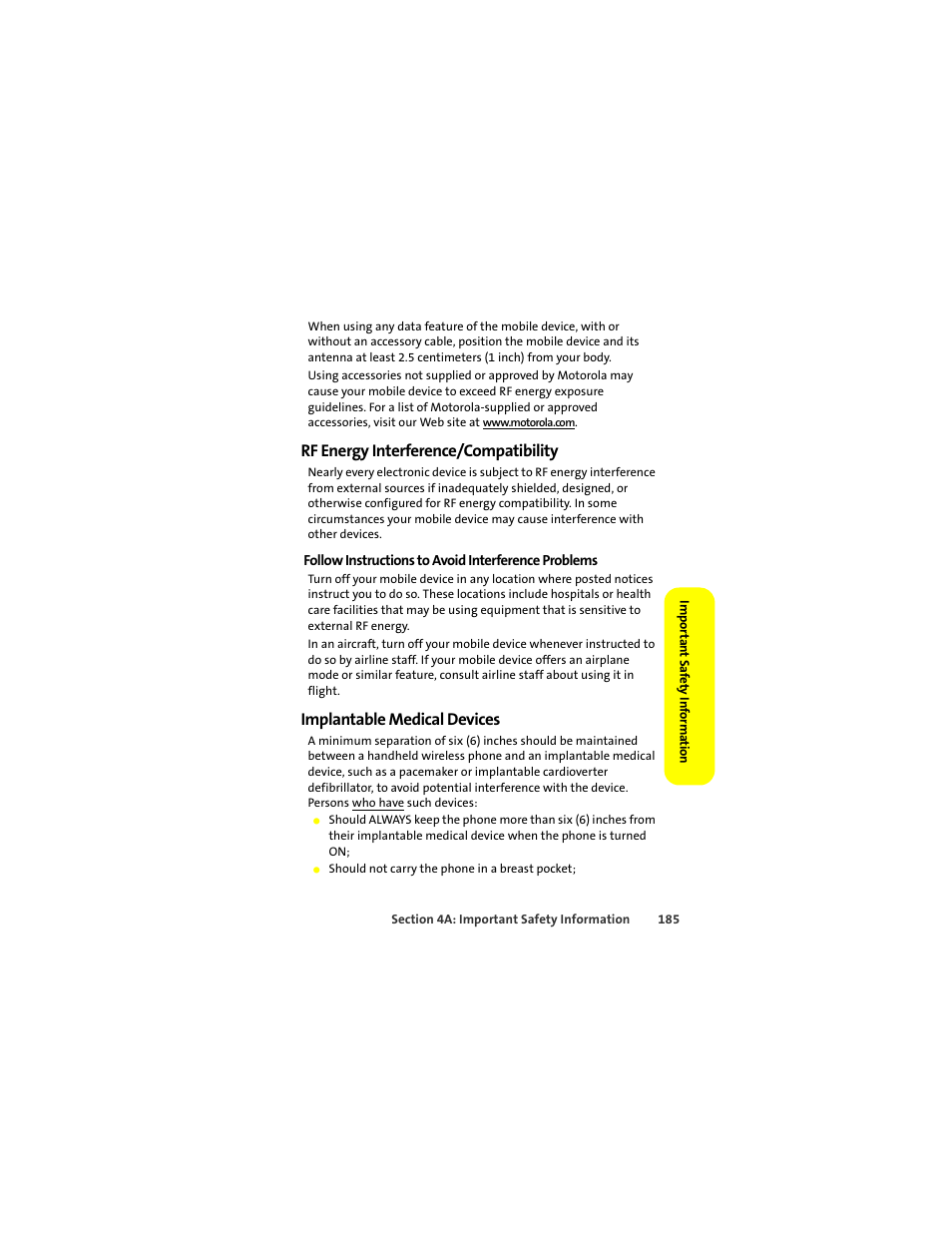 Rf energy interference/compatibility, Implantable medical devices | Sprint Nextel ic502 User Manual | Page 199 / 226