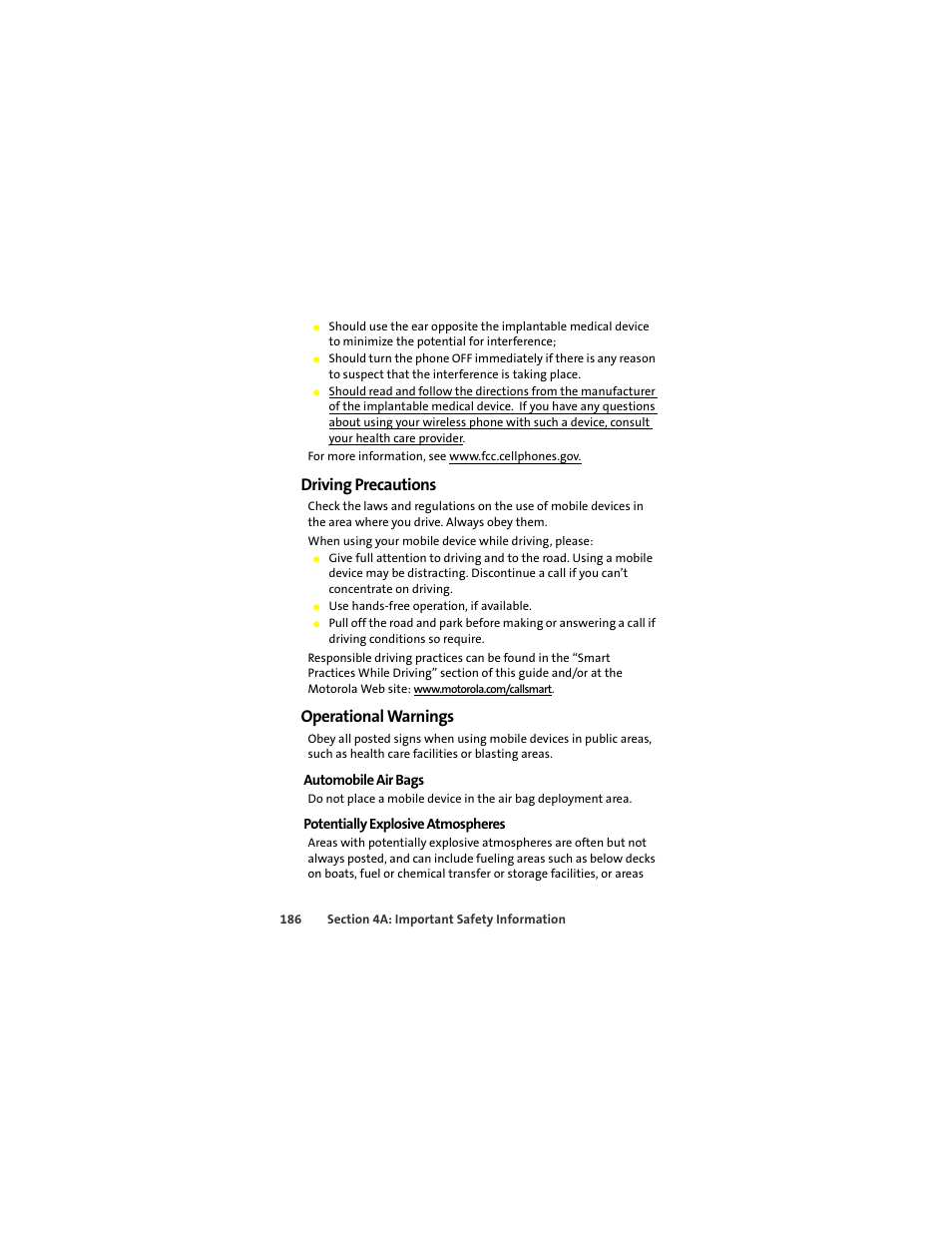 Driving precautions, Operational warnings | Sprint Nextel ic502 User Manual | Page 200 / 226