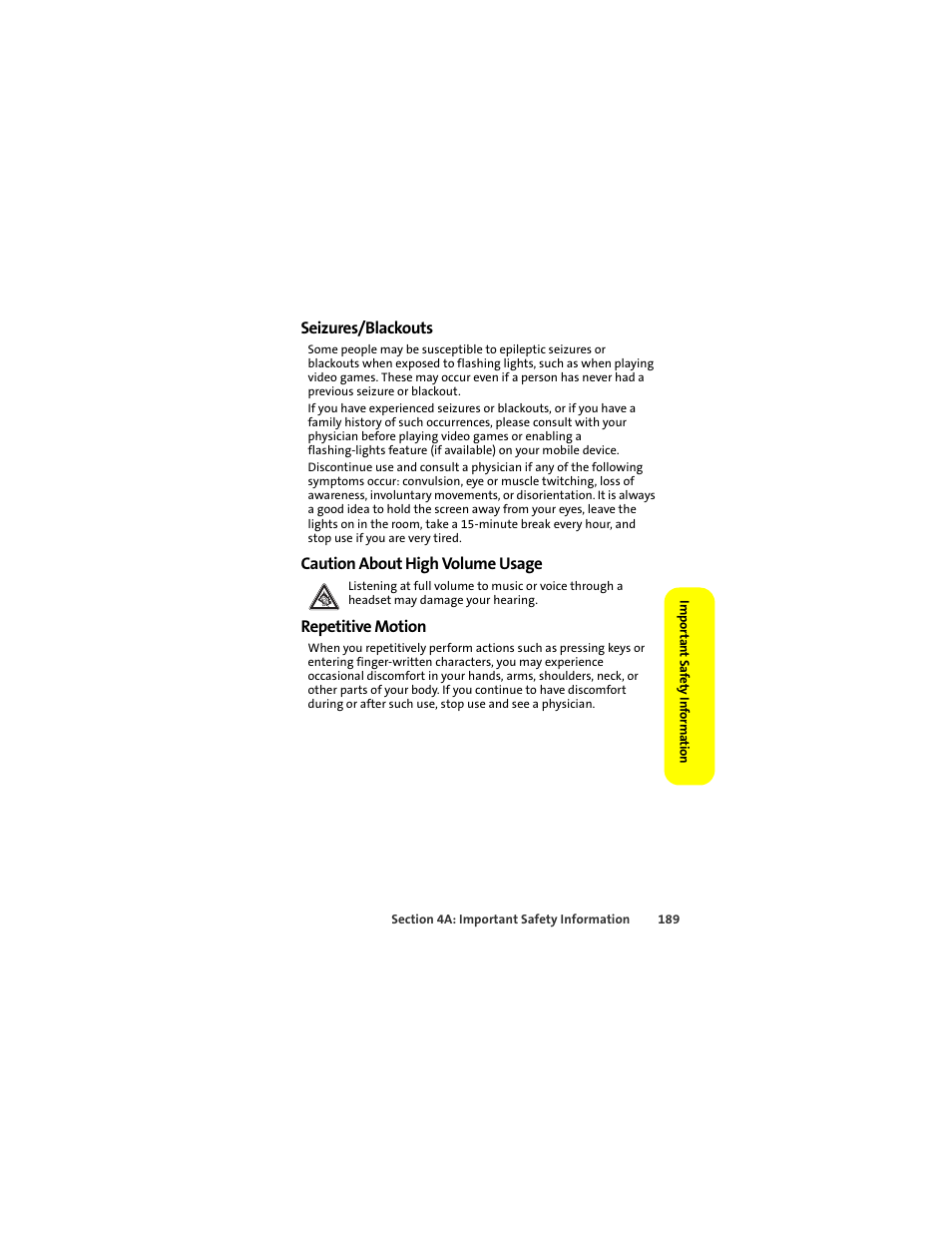 Seizures/blackouts, Caution about high volume usage, Repetitive motion | Sprint Nextel ic502 User Manual | Page 203 / 226