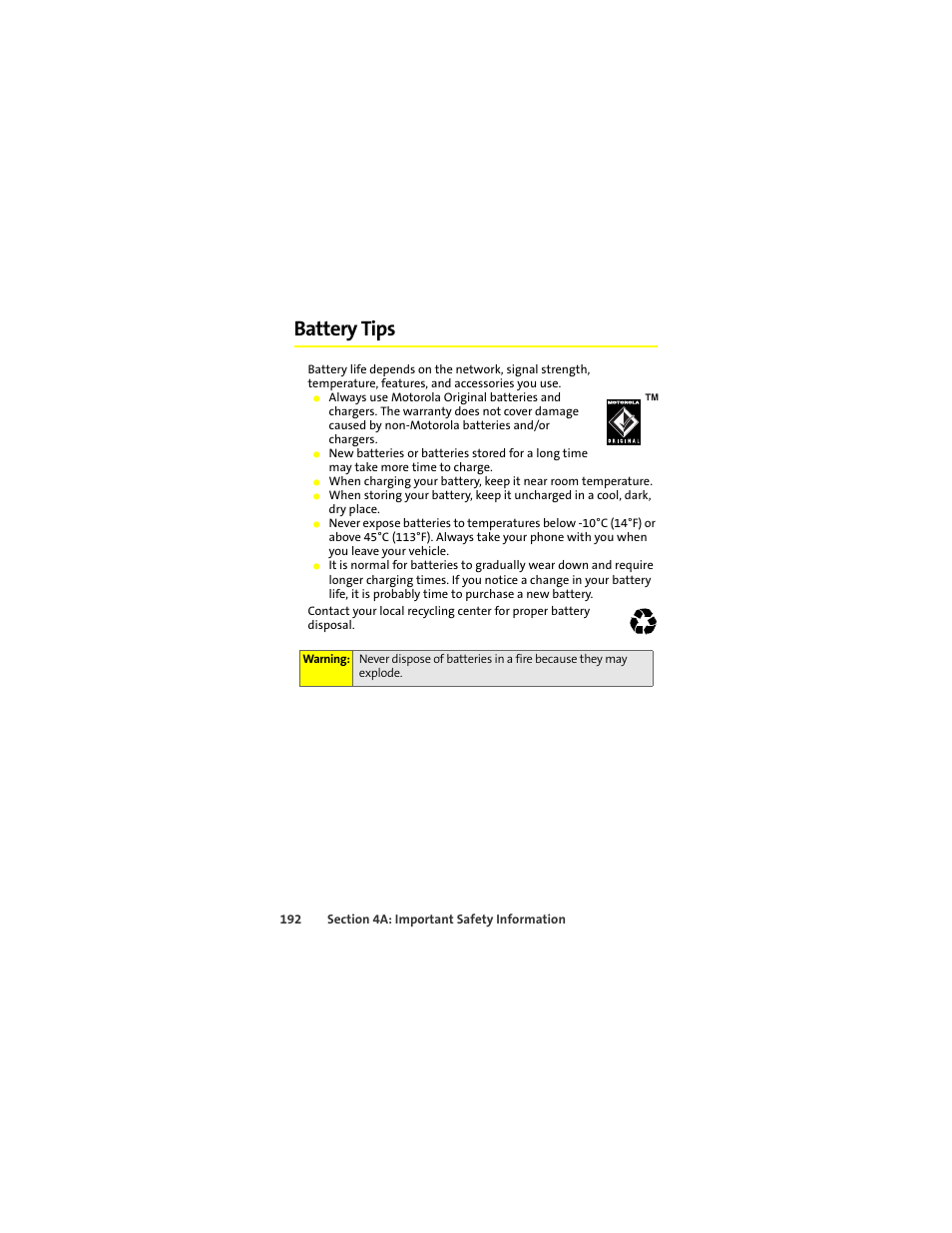 Battery tips | Sprint Nextel ic502 User Manual | Page 206 / 226