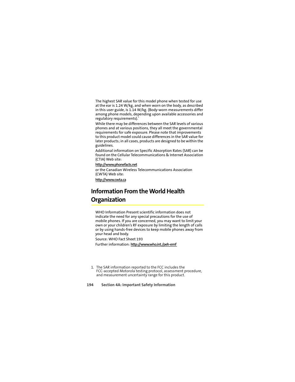 Information from the world health organization | Sprint Nextel ic502 User Manual | Page 208 / 226