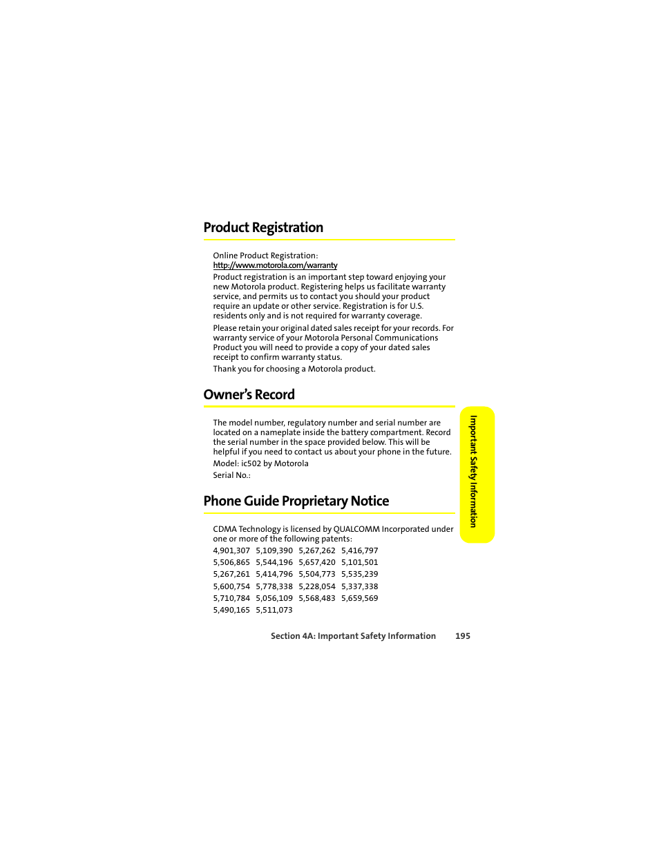 Product registration, Owner’s record, Phone guide proprietary notice | Sprint Nextel ic502 User Manual | Page 209 / 226