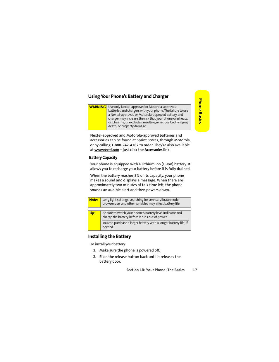 Using your phone’s battery and charger, Installing the battery | Sprint Nextel ic502 User Manual | Page 31 / 226