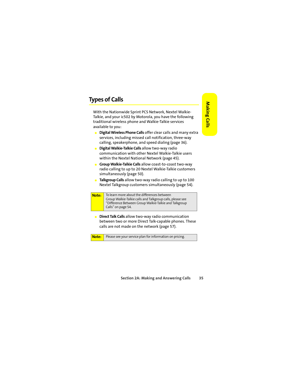 Types of calls | Sprint Nextel ic502 User Manual | Page 49 / 226