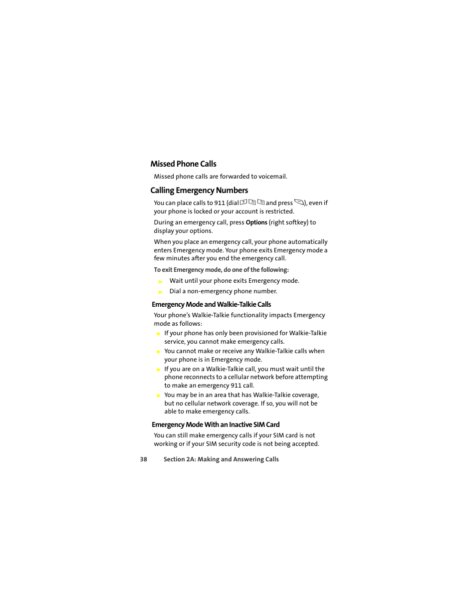 Missed phone calls, Calling emergency numbers | Sprint Nextel ic502 User Manual | Page 52 / 226