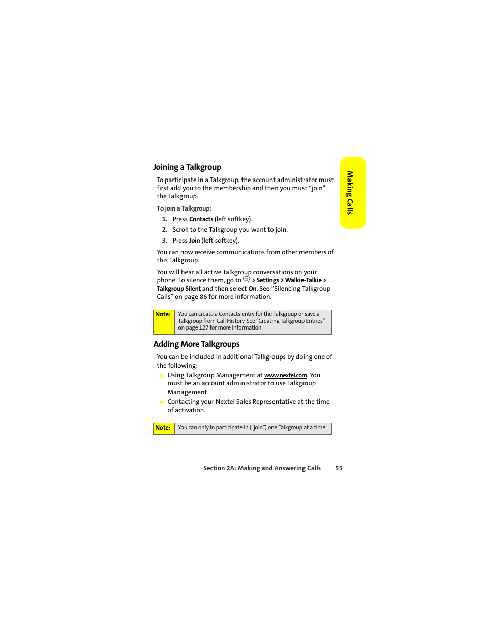 Joining a talkgroup, Adding more talkgroups | Sprint Nextel ic502 User Manual | Page 69 / 226