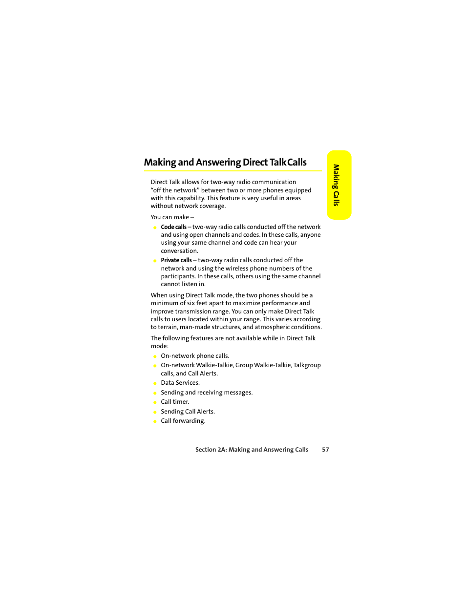 Making and answering direct talk calls, Making and answering direct talk, Calls | Sprint Nextel ic502 User Manual | Page 71 / 226