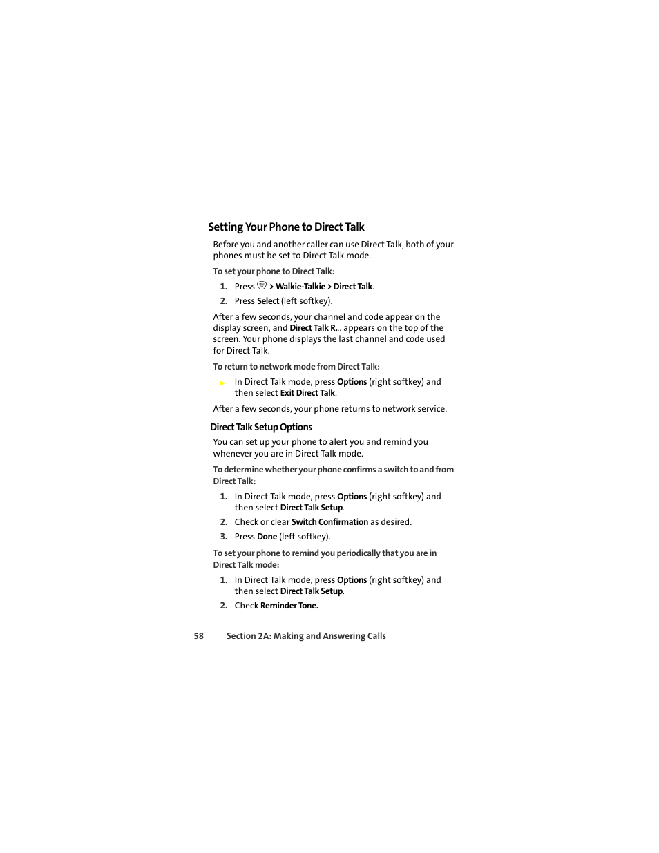 Setting your phone to direct talk | Sprint Nextel ic502 User Manual | Page 72 / 226