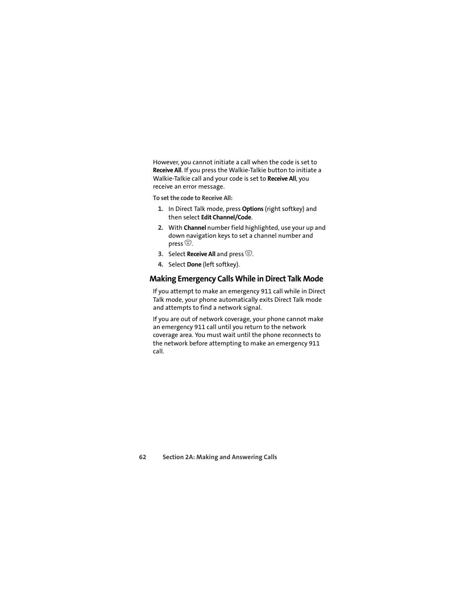 Making emergency calls while in direct talk mode | Sprint Nextel ic502 User Manual | Page 76 / 226