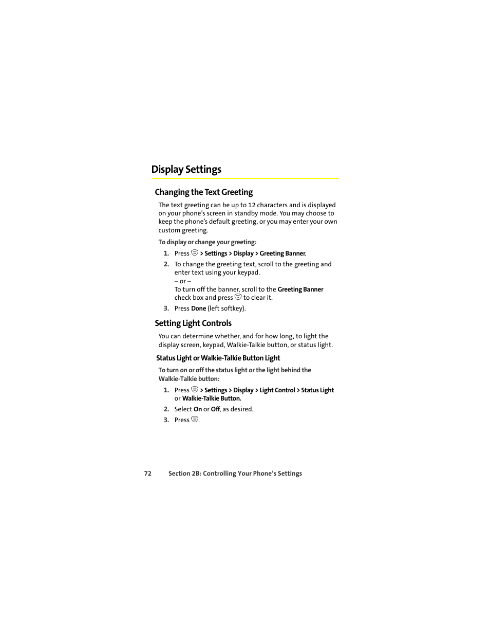 Display settings, Changing the text greeting, Setting light controls | Sprint Nextel ic502 User Manual | Page 86 / 226