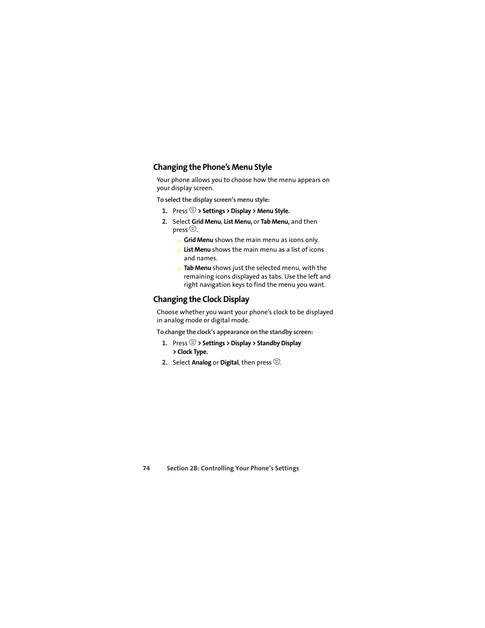 Changing the phone’s menu style, Changing the clock display | Sprint Nextel ic502 User Manual | Page 88 / 226