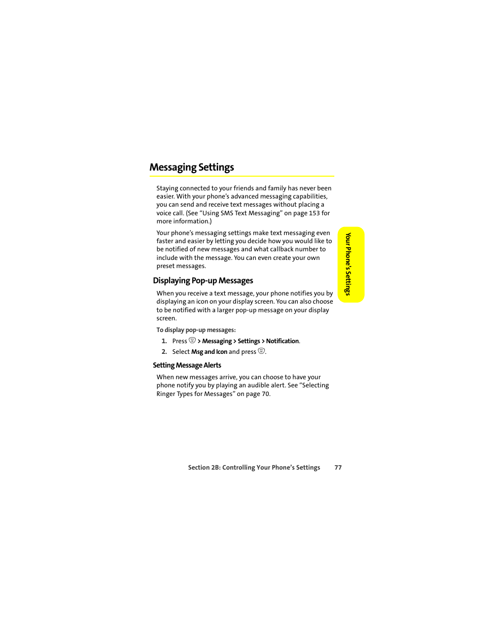 Messaging settings, Displaying pop-up messages, Setting message alerts | Sprint Nextel ic502 User Manual | Page 91 / 226