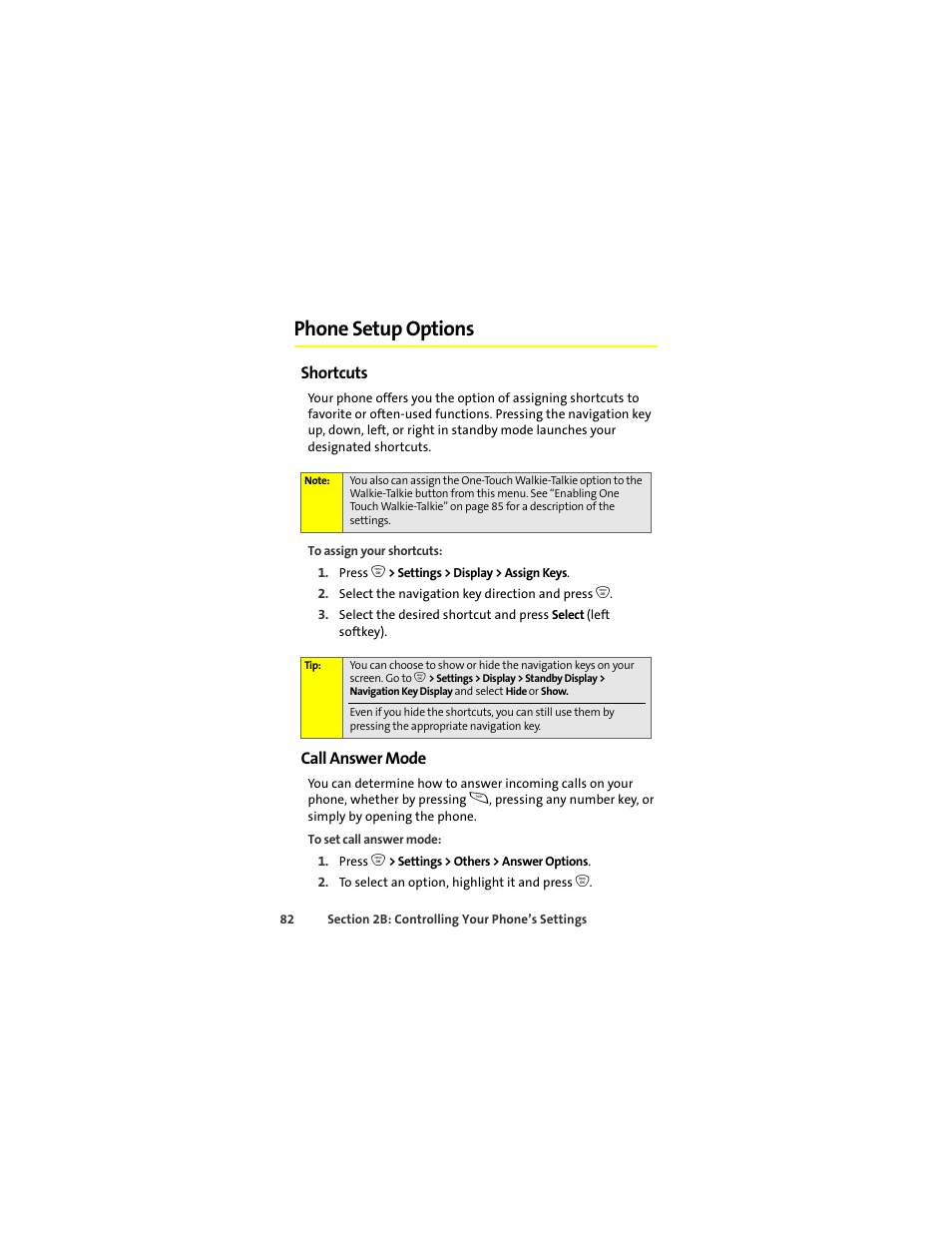 Phone setup options, Shortcuts, Call answer mode | Sprint Nextel ic502 User Manual | Page 96 / 226