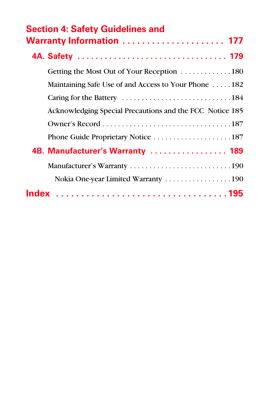 4a. safety 179, 4b. manufacturer’s warranty 189, Index | Sprint Nextel PCS VI-3155I User Manual | Page 10 / 209