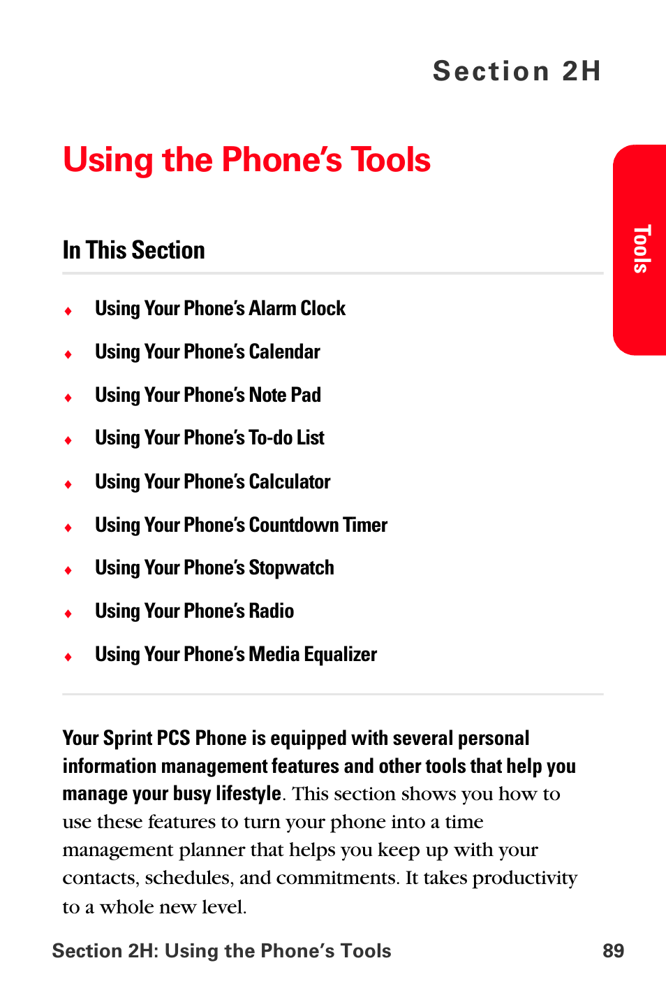 Using the phone’s tools, 2h. using the phone’s tools | Sprint Nextel PCS VI-3155I User Manual | Page 101 / 209