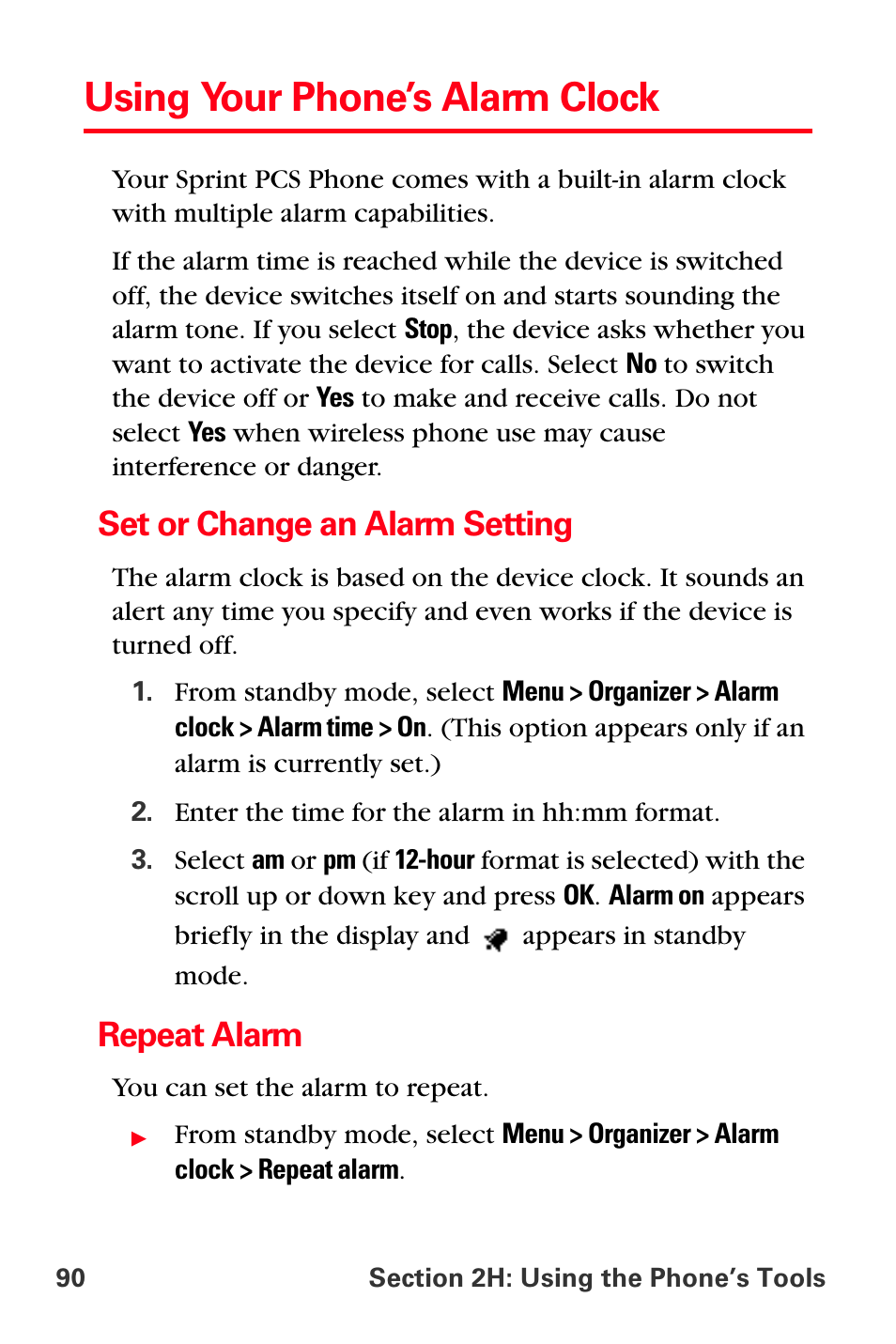 Using your phone’s alarm clock, Set or change an alarm setting, Repeat alarm | Sprint Nextel PCS VI-3155I User Manual | Page 102 / 209