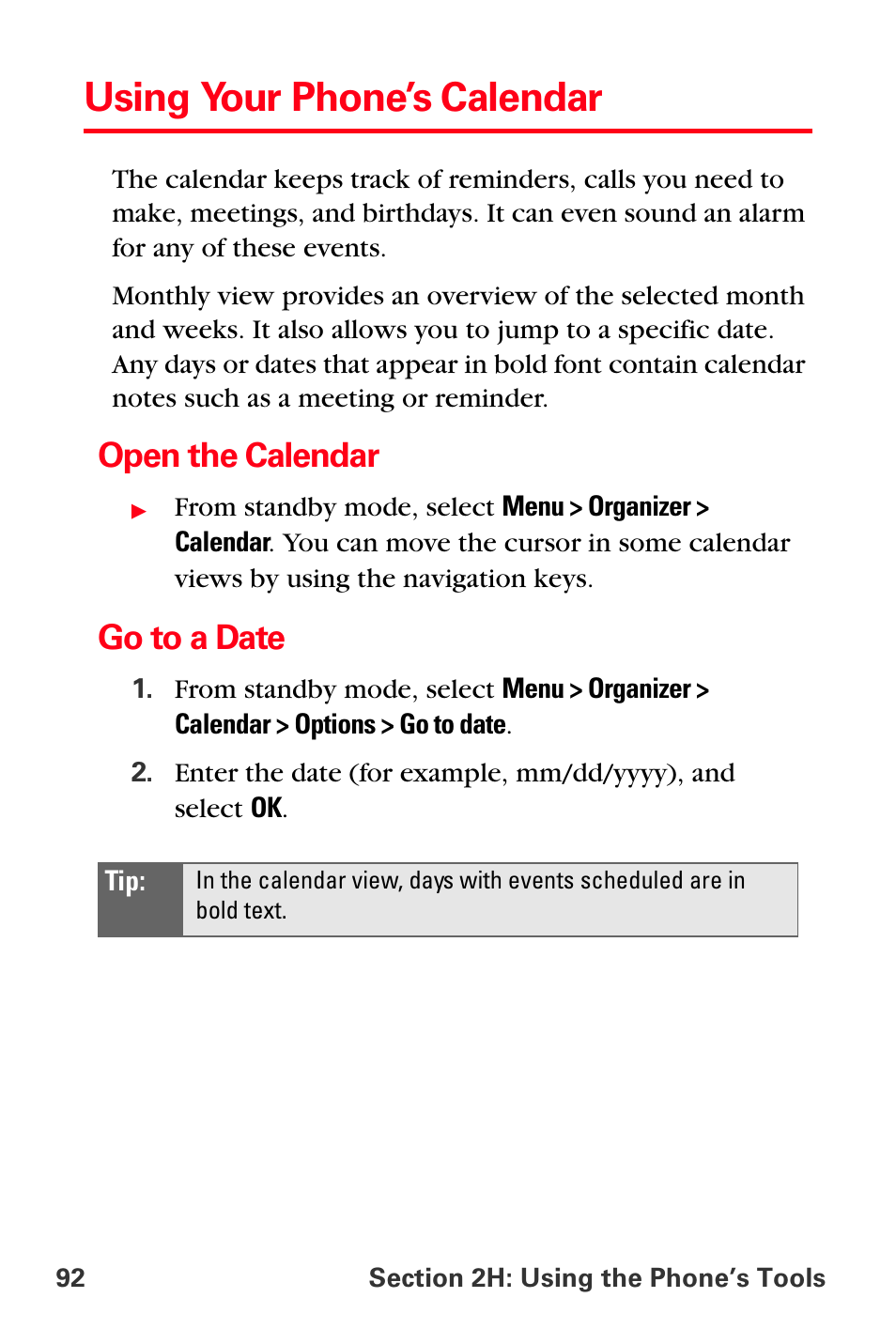 Using your phone’s calendar, Open the calendar, Go to a date | Sprint Nextel PCS VI-3155I User Manual | Page 104 / 209