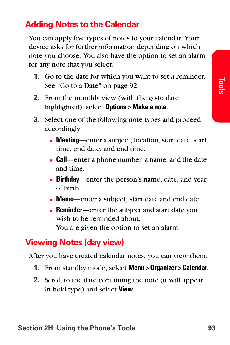 Adding notes to the calendar, Viewing notes (day view) | Sprint Nextel PCS VI-3155I User Manual | Page 105 / 209