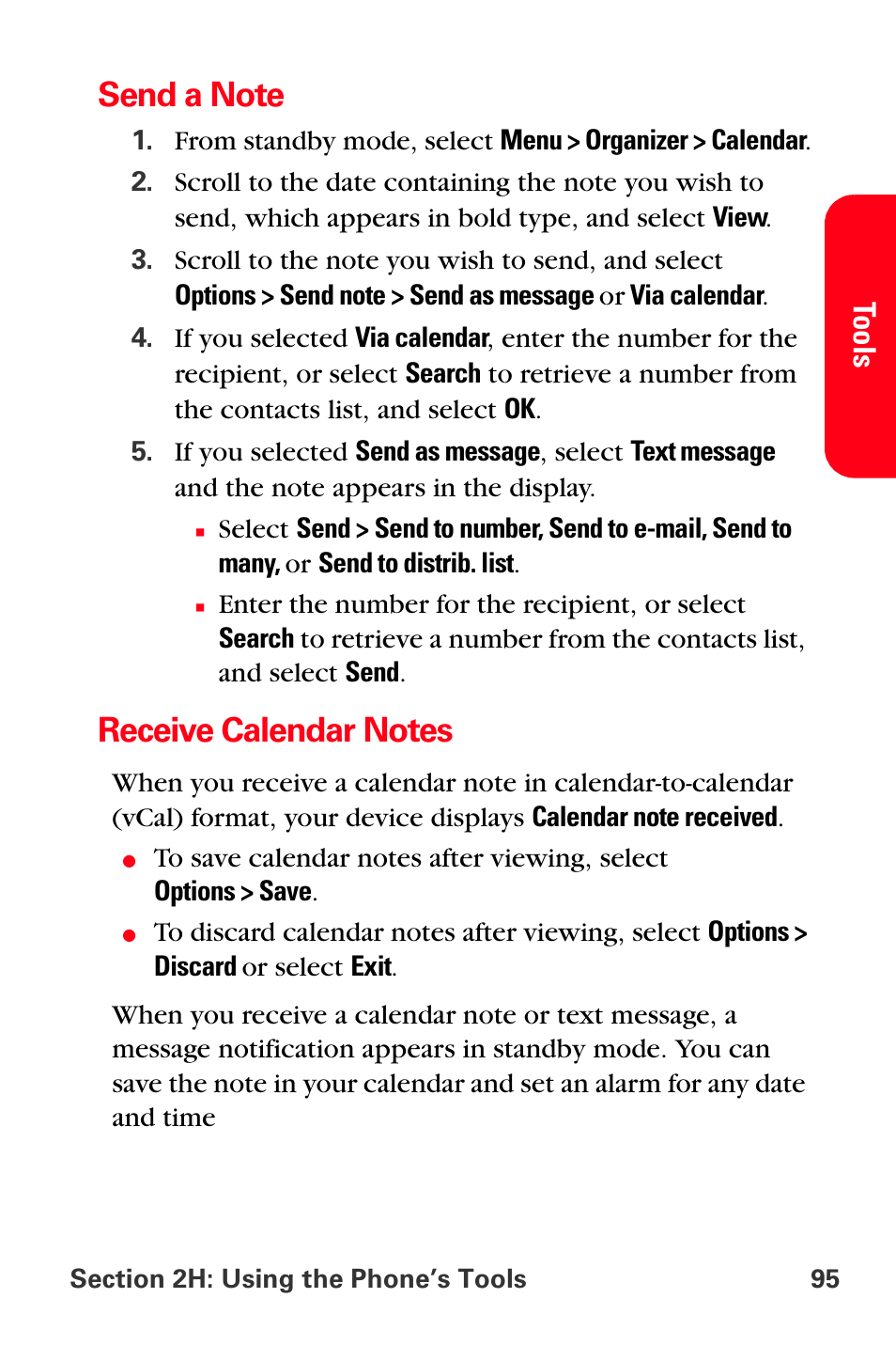 Send a note, Receive calendar notes | Sprint Nextel PCS VI-3155I User Manual | Page 107 / 209