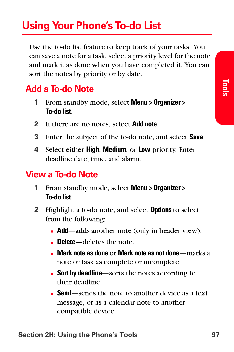 Using your phone’s to-do list, Add a to-do note, View a to-do note | Sprint Nextel PCS VI-3155I User Manual | Page 109 / 209