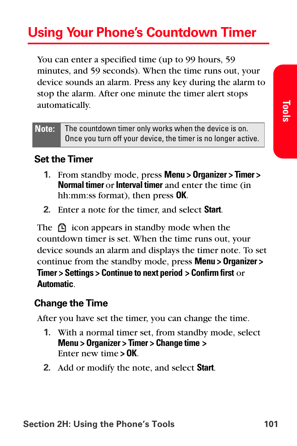 Using your phone’s countdown timer | Sprint Nextel PCS VI-3155I User Manual | Page 113 / 209