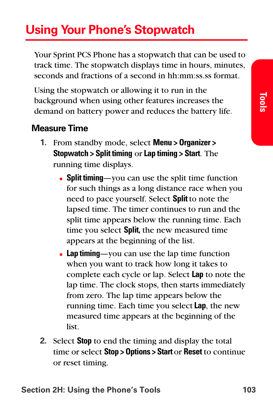 Using your phone’s stopwatch | Sprint Nextel PCS VI-3155I User Manual | Page 115 / 209