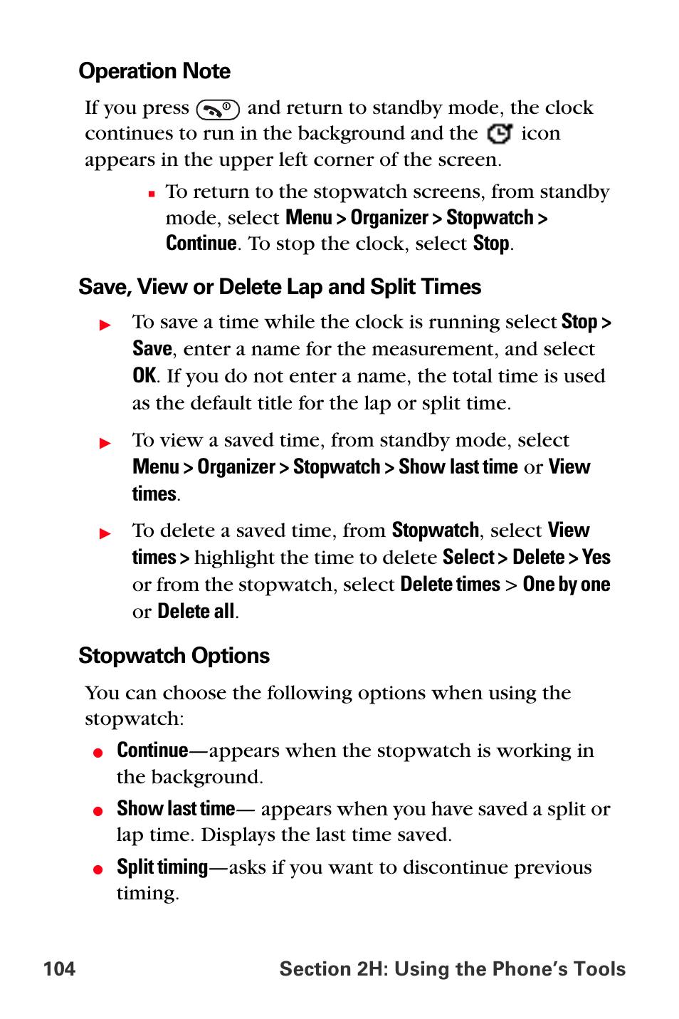 Save, view or delete lap and split times, Stopwatch options | Sprint Nextel PCS VI-3155I User Manual | Page 116 / 209