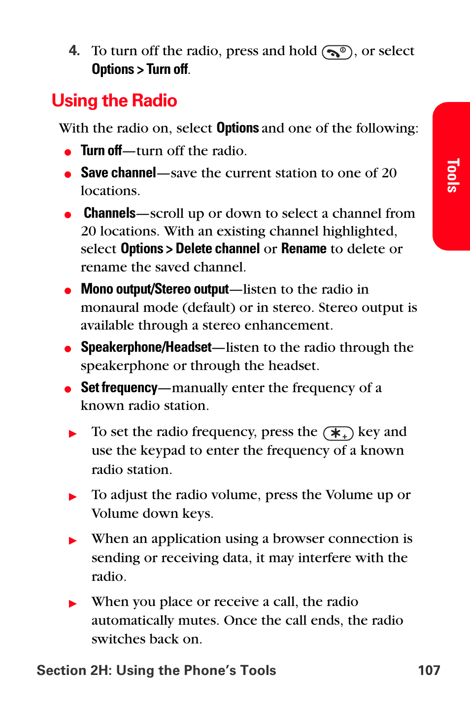 Using the radio, Turn off —turn off the radio | Sprint Nextel PCS VI-3155I User Manual | Page 119 / 209