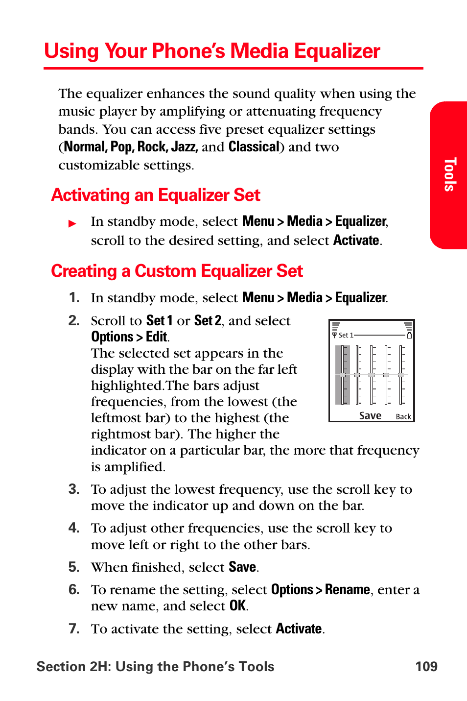 Using your phone’s media equalizer, Activating an equalizer set, Creating a custom equalizer set | Sprint Nextel PCS VI-3155I User Manual | Page 121 / 209
