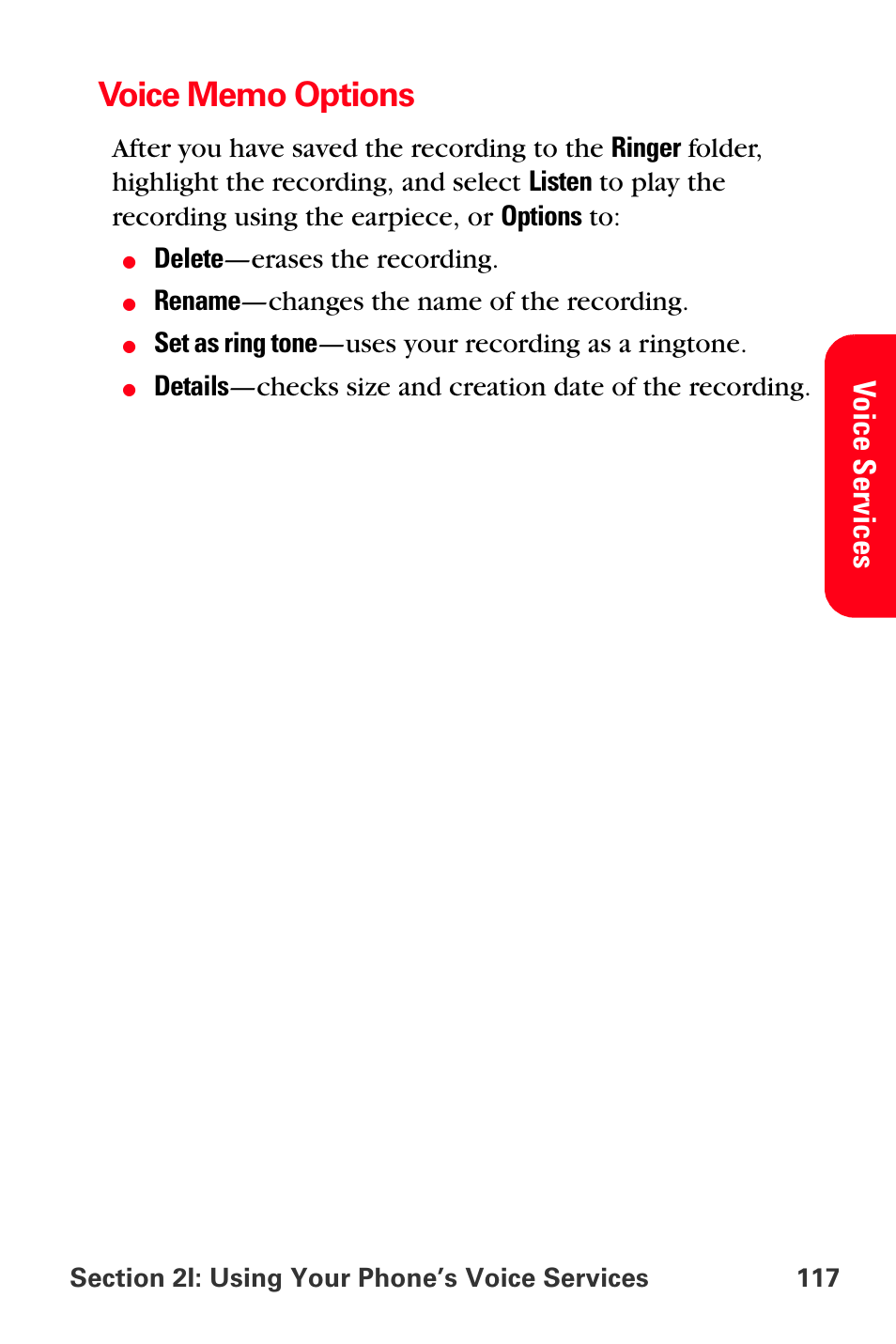 Voice memo options, Vo ic e se rvi ces | Sprint Nextel PCS VI-3155I User Manual | Page 129 / 209