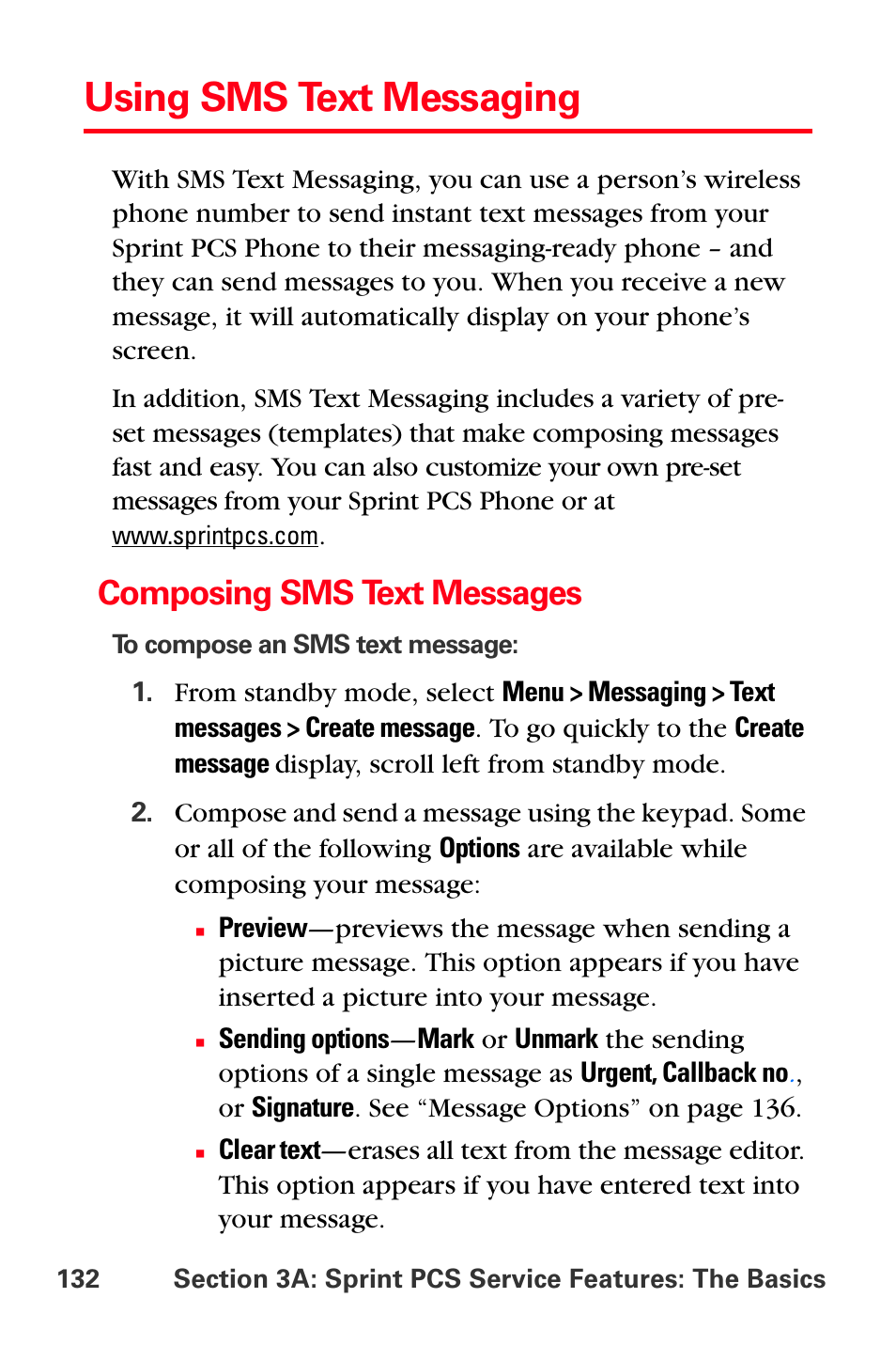 Using sms text messaging, Composing sms text messages | Sprint Nextel PCS VI-3155I User Manual | Page 144 / 209