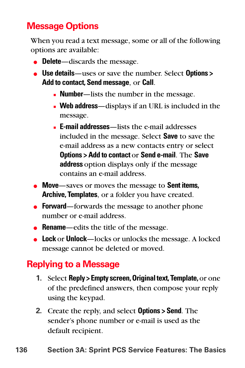 Message options, Replying to a message, Delete —discards the message | Number —lists the number in the message, Rename —edits the title of the message | Sprint Nextel PCS VI-3155I User Manual | Page 148 / 209