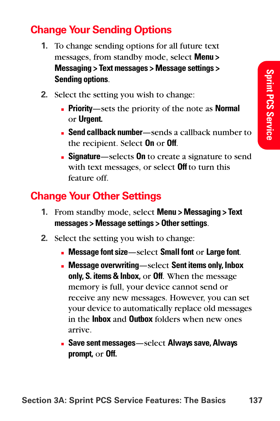 Change your sending options, Change your other settings, Sp rint p cs service | Sprint Nextel PCS VI-3155I User Manual | Page 149 / 209