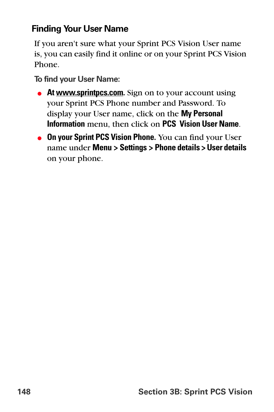 Finding your user name | Sprint Nextel PCS VI-3155I User Manual | Page 160 / 209