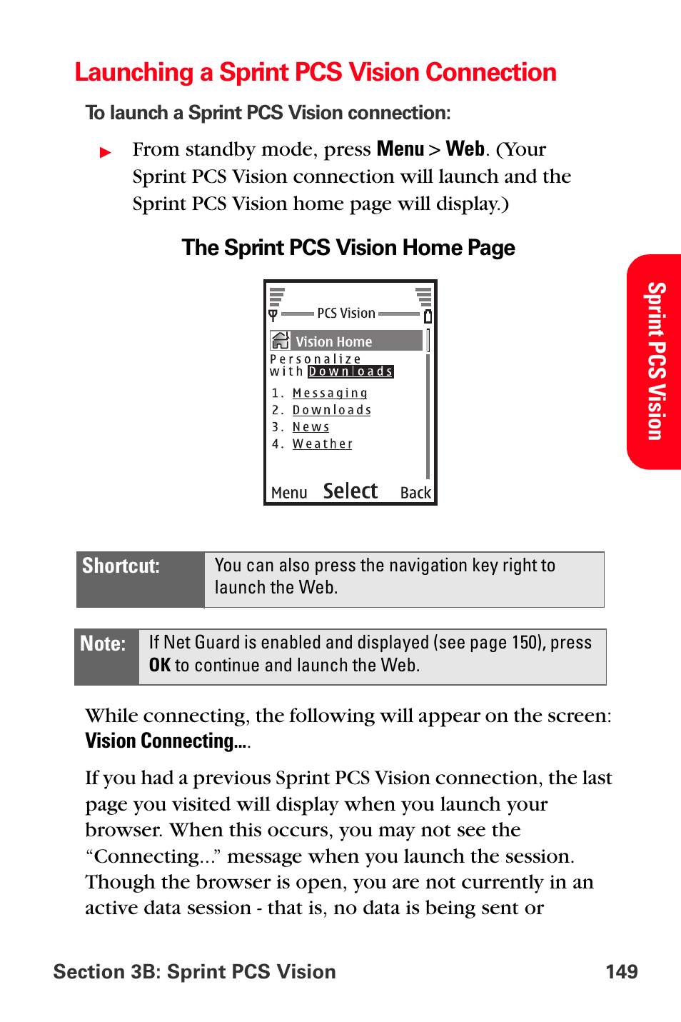 Launching a sprint pcs vision connection | Sprint Nextel PCS VI-3155I User Manual | Page 161 / 209