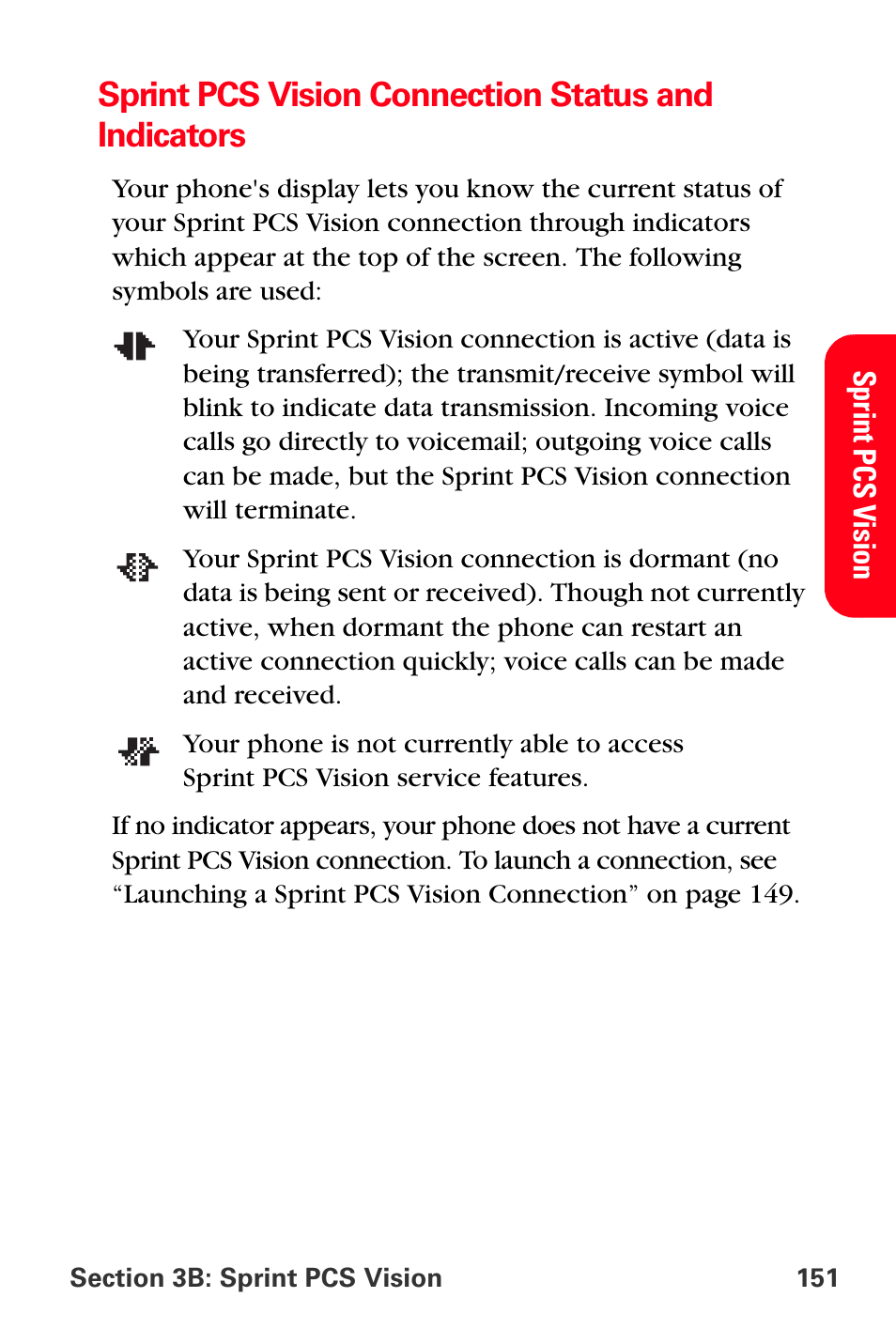 Sprint pcs vision connection status and indicators | Sprint Nextel PCS VI-3155I User Manual | Page 163 / 209