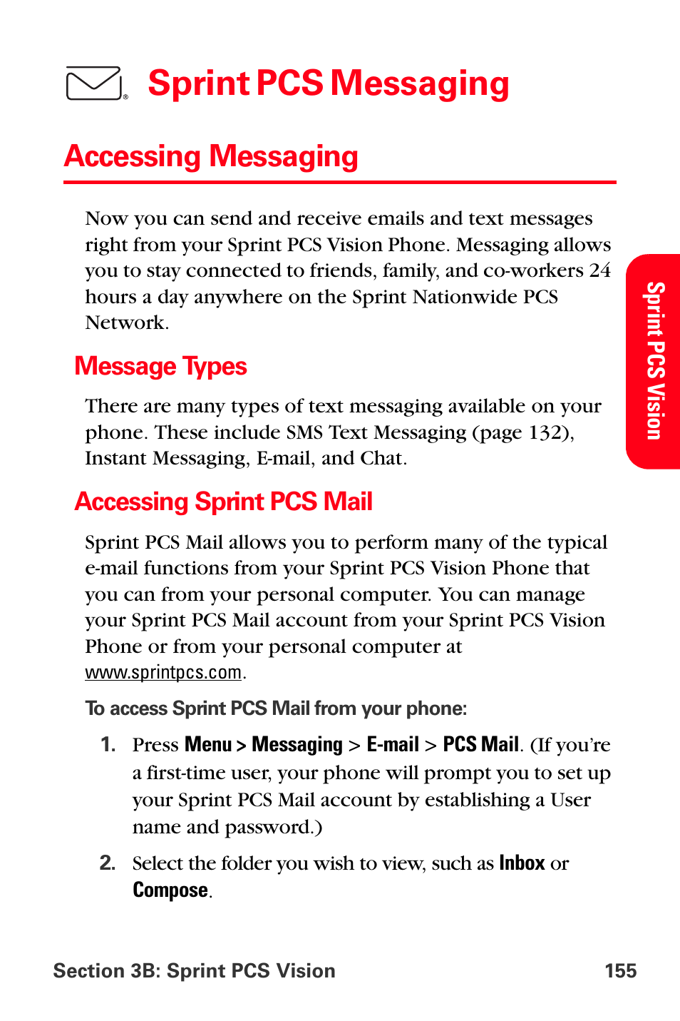 Accessing messaging, Message types, Accessing sprint pcs mail | Sprint pcs messaging | Sprint Nextel PCS VI-3155I User Manual | Page 167 / 209