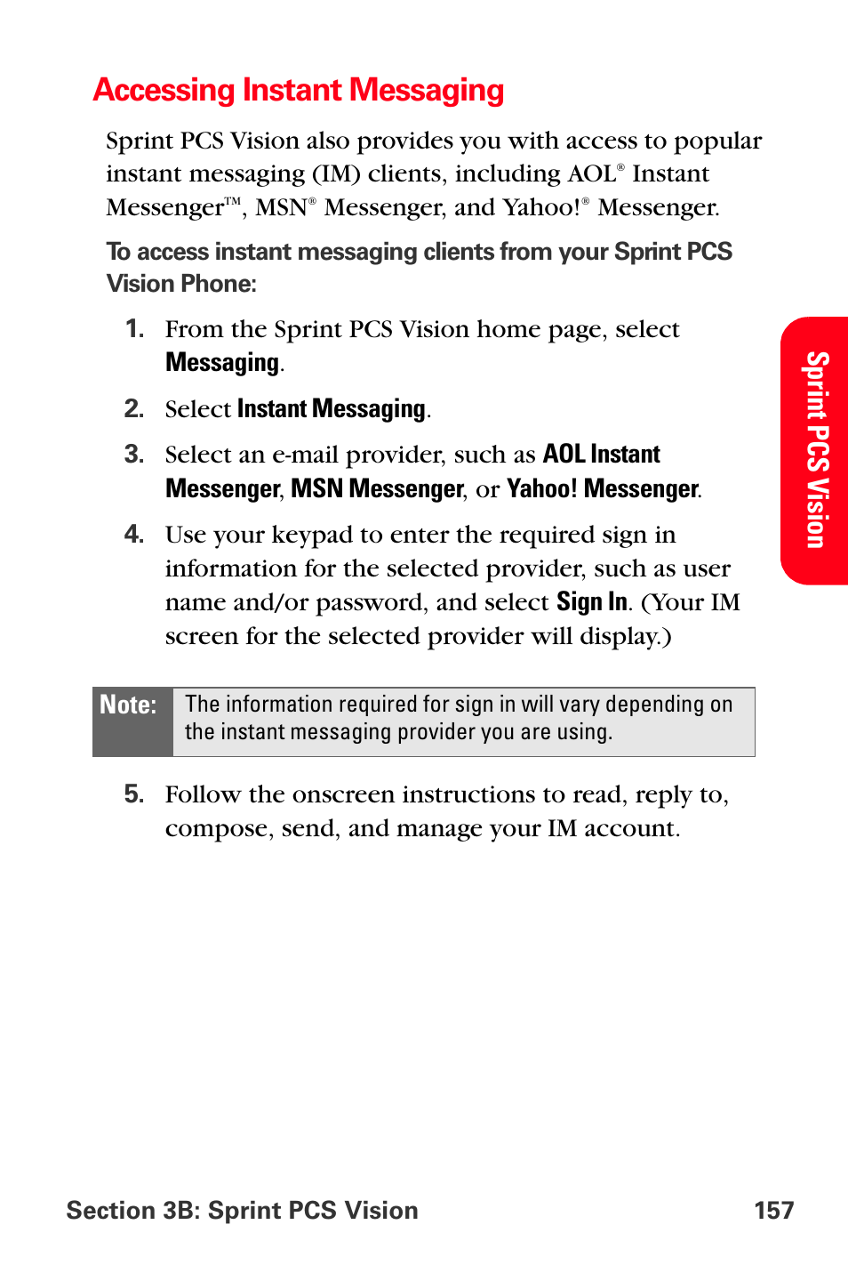 Accessing instant messaging, Sprint p cs v ision | Sprint Nextel PCS VI-3155I User Manual | Page 169 / 209