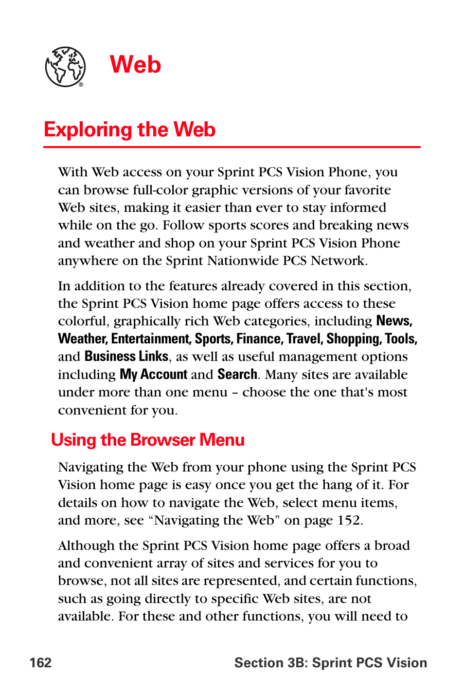 Exploring the web, Using the browser menu | Sprint Nextel PCS VI-3155I User Manual | Page 174 / 209