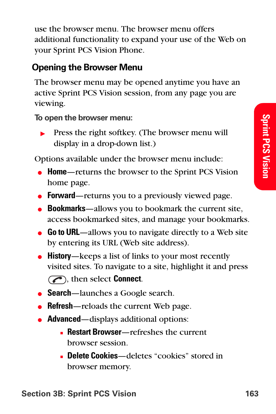 Sprint p cs v ision, Opening the browser menu, Forward —returns you to a previously viewed page | Search —launches a google search, Refresh —reloads the current web page, Advanced —displays additional options | Sprint Nextel PCS VI-3155I User Manual | Page 175 / 209