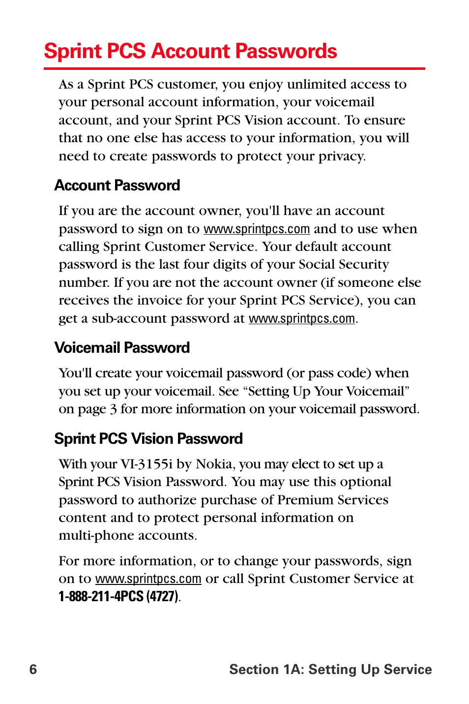 Sprint pcs account passwords | Sprint Nextel PCS VI-3155I User Manual | Page 18 / 209