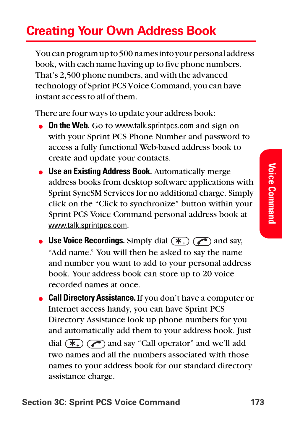 Creating your own address book, Vo ice command | Sprint Nextel PCS VI-3155I User Manual | Page 185 / 209