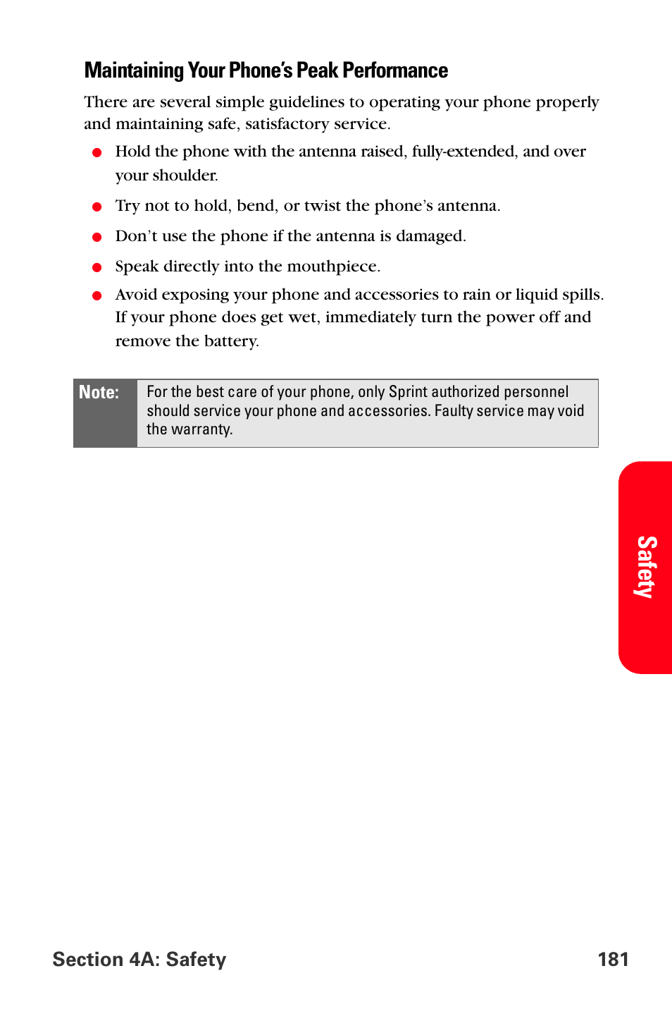 Safety, Maintaining your phone’s peak performance | Sprint Nextel PCS VI-3155I User Manual | Page 193 / 209