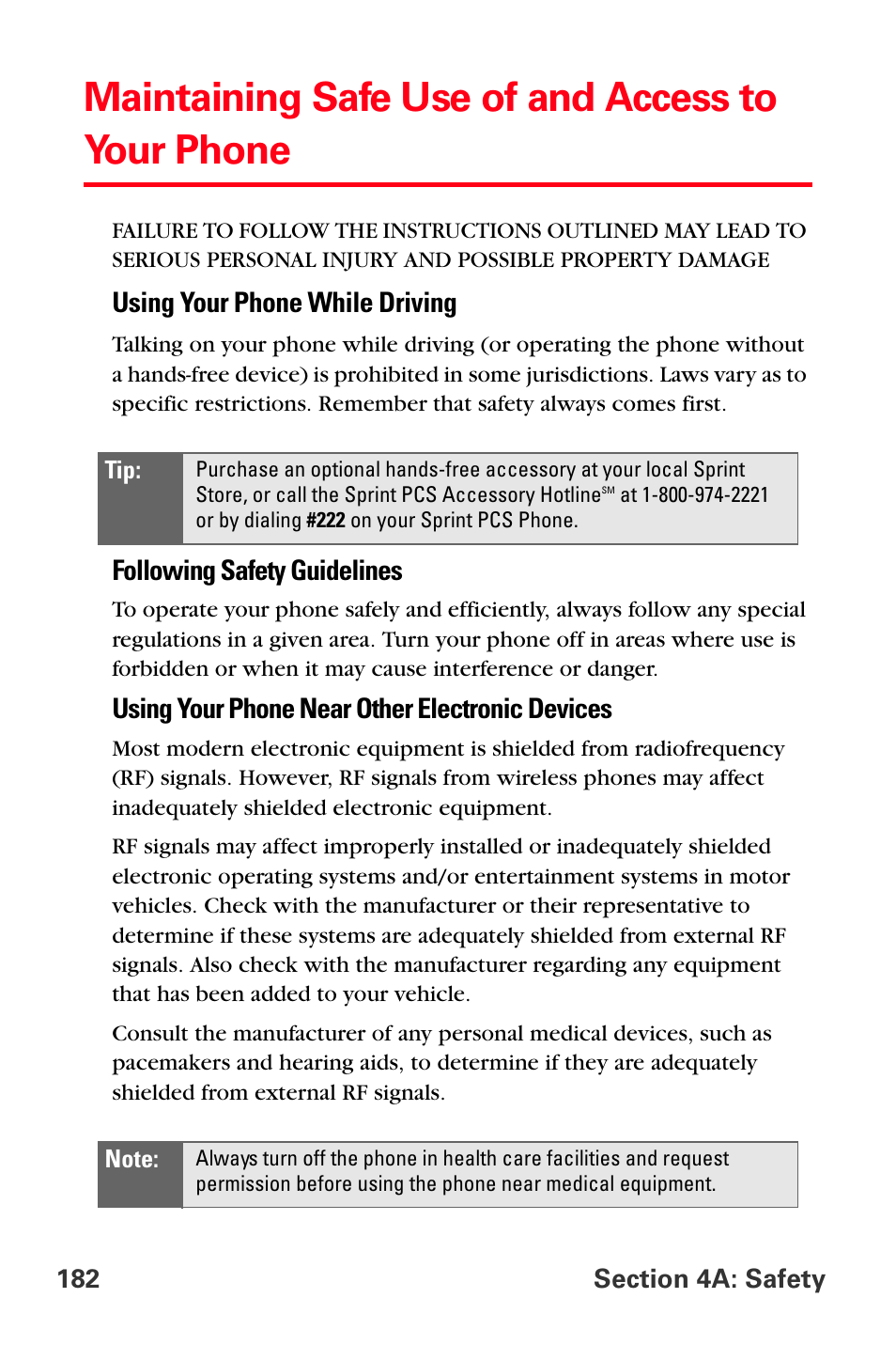 Maintaining safe use of and access to your phone, Using your phone while driving, Following safety guidelines | Using your phone near other electronic devices | Sprint Nextel PCS VI-3155I User Manual | Page 194 / 209