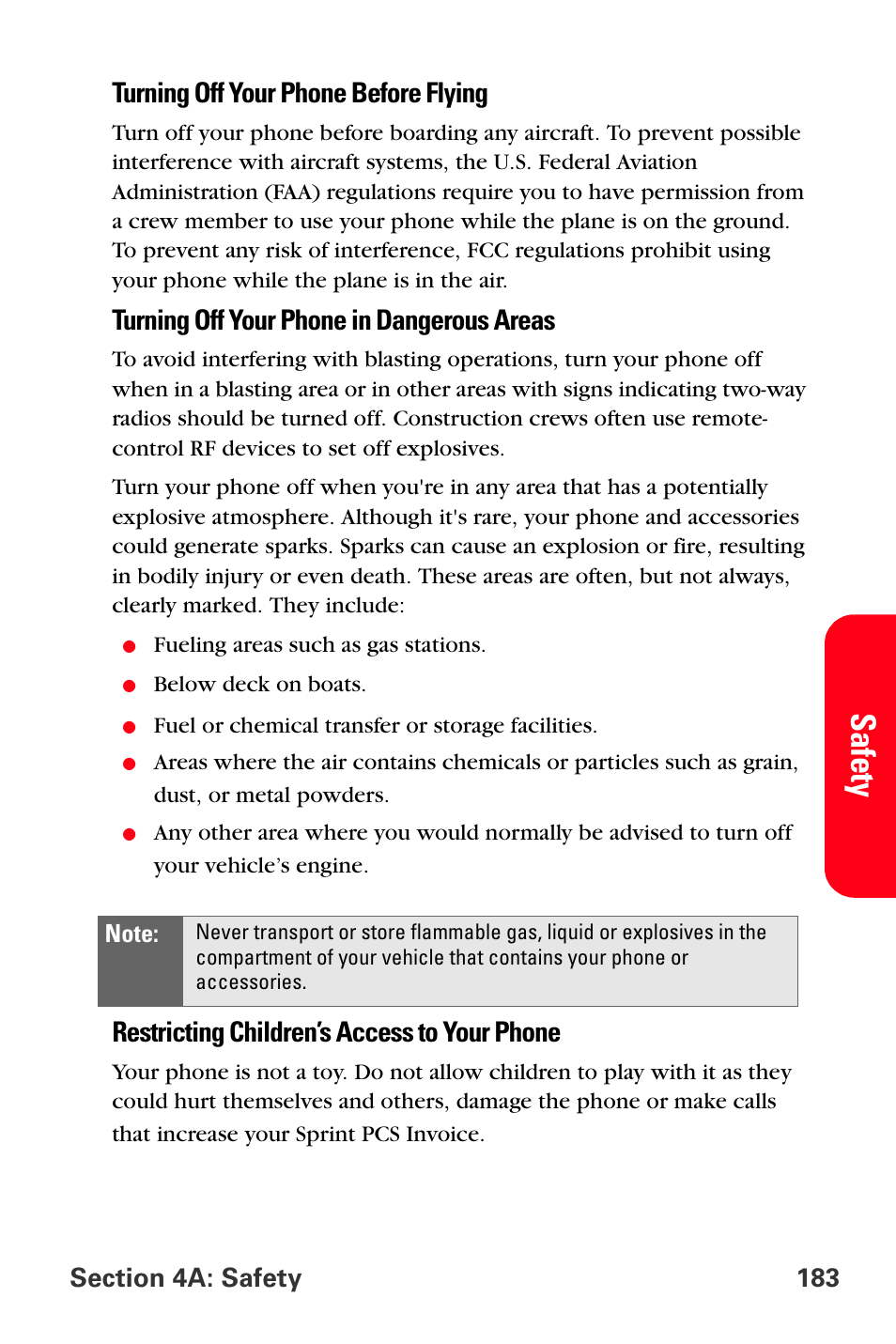 Safety, Turning off your phone before flying, Turning off your phone in dangerous areas | Restricting children’s access to your phone | Sprint Nextel PCS VI-3155I User Manual | Page 195 / 209