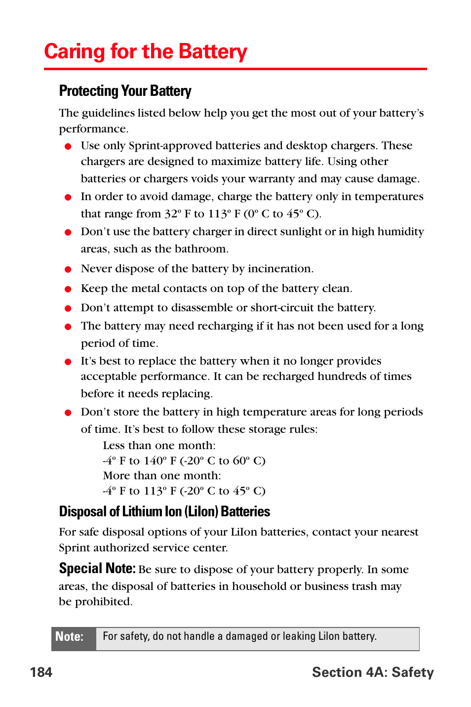 Caring for the battery, Protecting your battery, Disposal of lithium ion (liion) batteries | Sprint Nextel PCS VI-3155I User Manual | Page 196 / 209