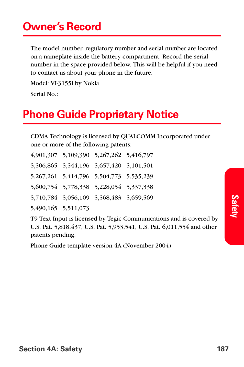 Owner’s record, Phone guide proprietary notice, Safety | Sprint Nextel PCS VI-3155I User Manual | Page 199 / 209