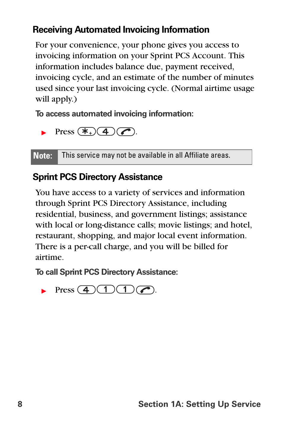 Receiving automated invoicing information, Sprint pcs directory assistance | Sprint Nextel PCS VI-3155I User Manual | Page 20 / 209