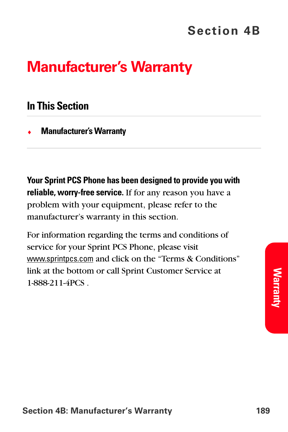 Manufacturer’s warranty, 4b. manufacturer’s warranty | Sprint Nextel PCS VI-3155I User Manual | Page 201 / 209